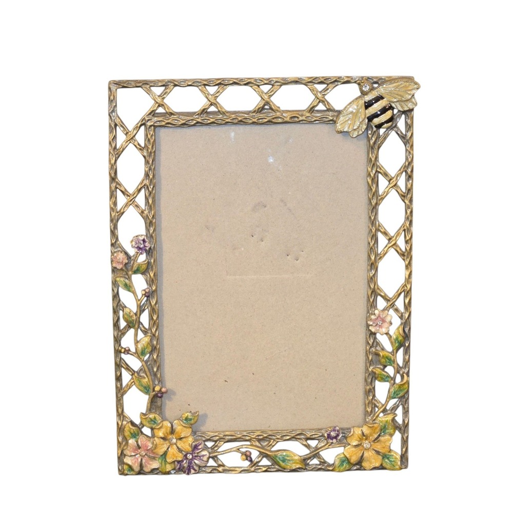 Unbranded Photo Frame 4x6 Gold Enamel Floral Bumblebee Latticework Metal
